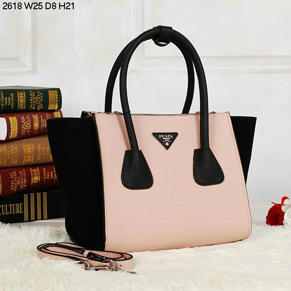 2014 Prada glace leather nubuck tote bag BN2618 pink&black